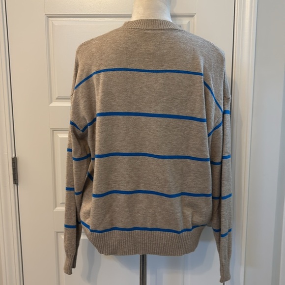 Miou Muse Tan And Blue Striped Long Sleeve Soft Crew Neck Gracie Sweater Small - Picture 3 of 8